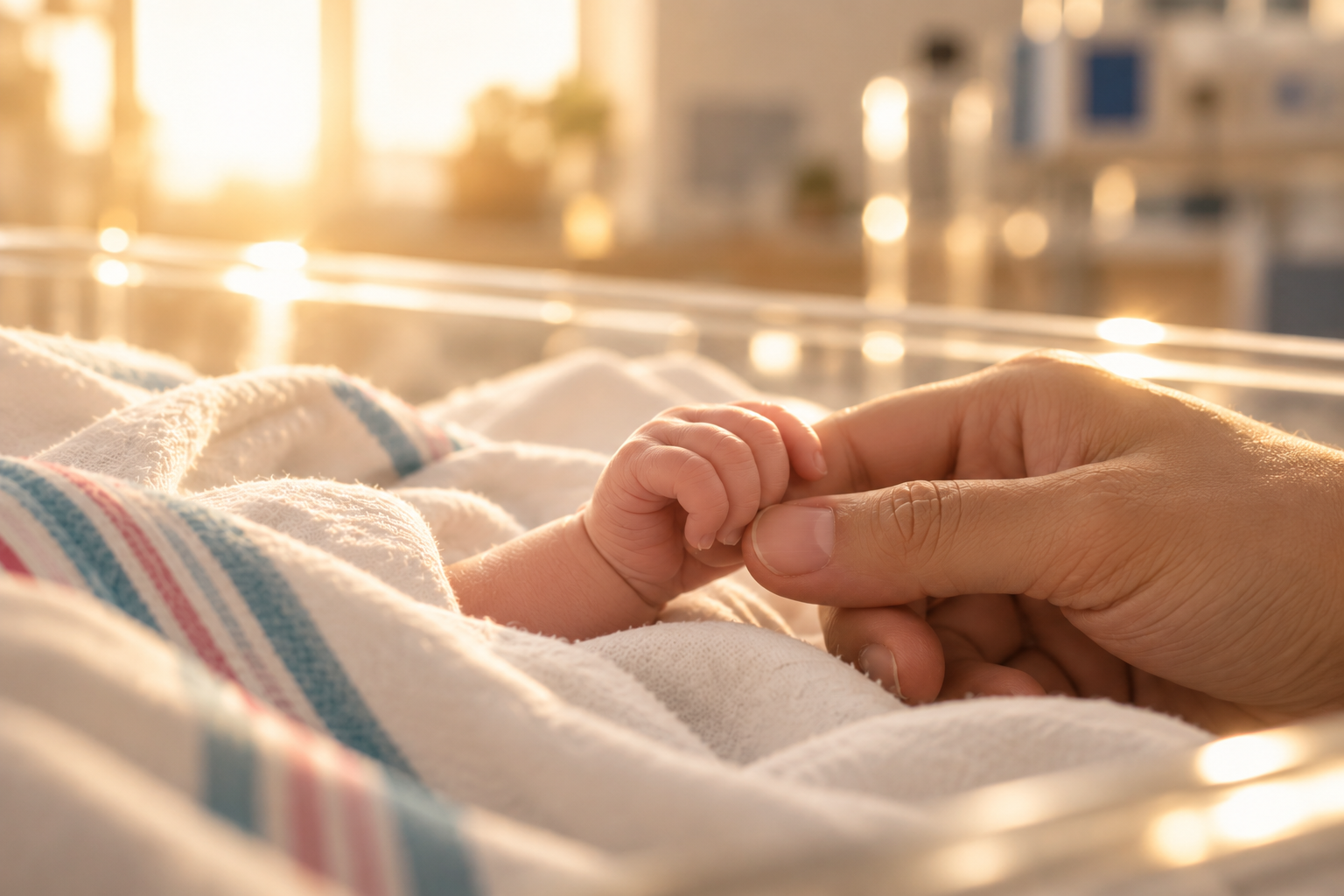 A newborn’s hand holding an adult’s finger in a hospital bassinet