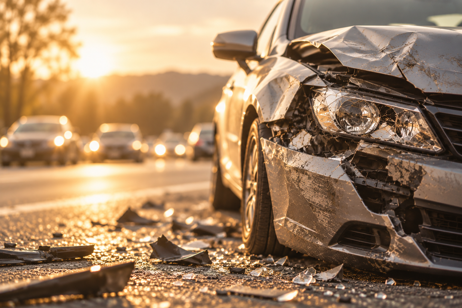 A silver car with its front end crushed and headlight shattered, debris on the road at sunset