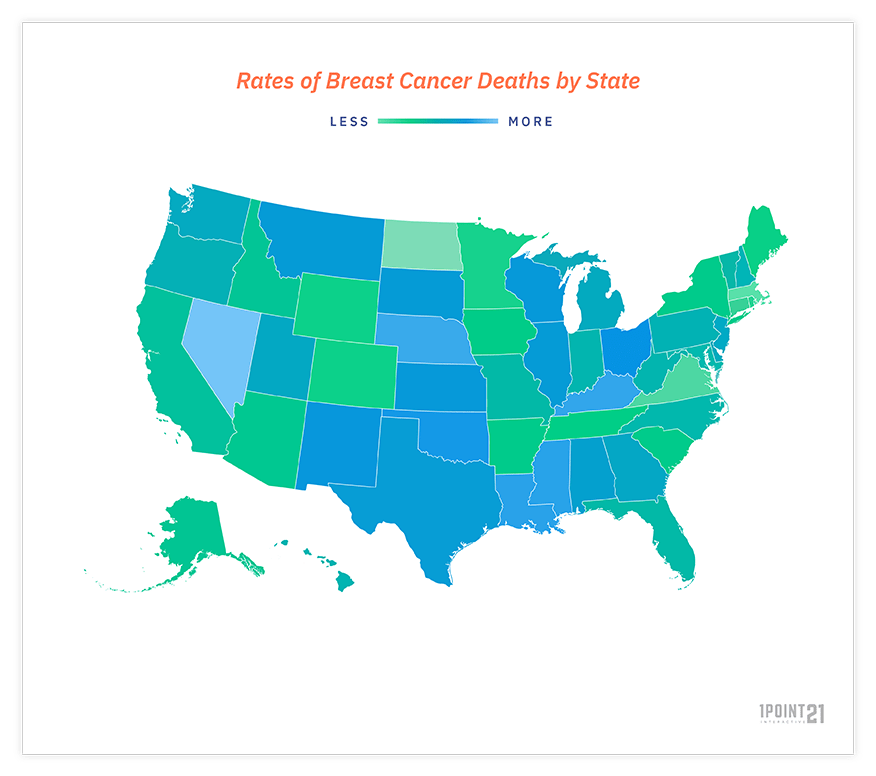 heat map of rates of breast cancer deaths by state